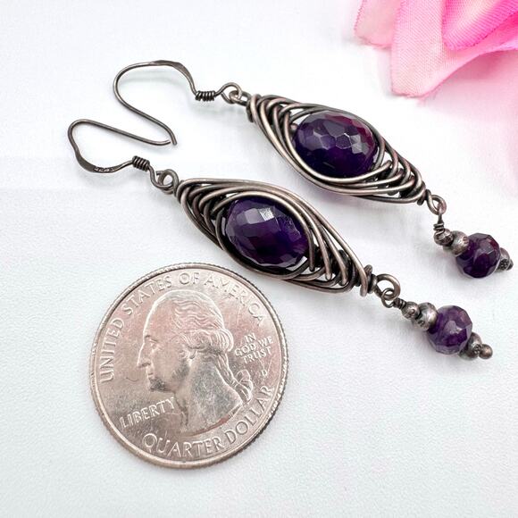 Genuine Amethyst Silver Wire Wrapped Dangle Earrings Artisan Tested Bohemian - Picture 6 of 11